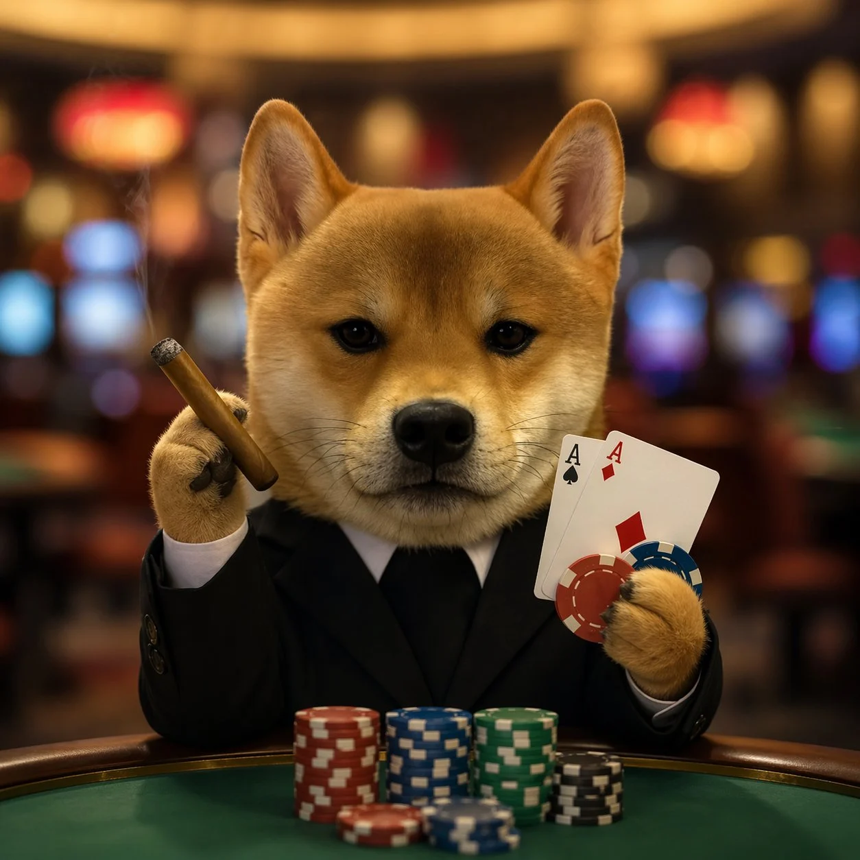 Shiba Inu in a black suit holding a cigar and two aces at a poker table