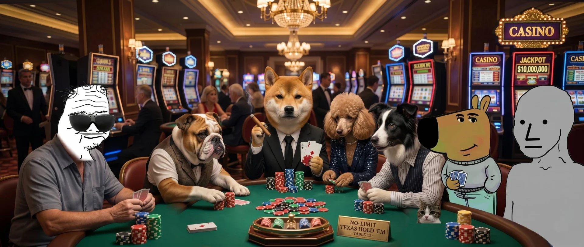 Doge, Wojak, Chill Guy and other meme characters playing poker in a luxurious casino